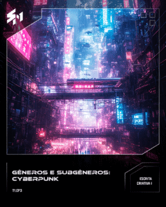 Cidade cyberpunk mostrando um futuro distópico com alta tecnologia
