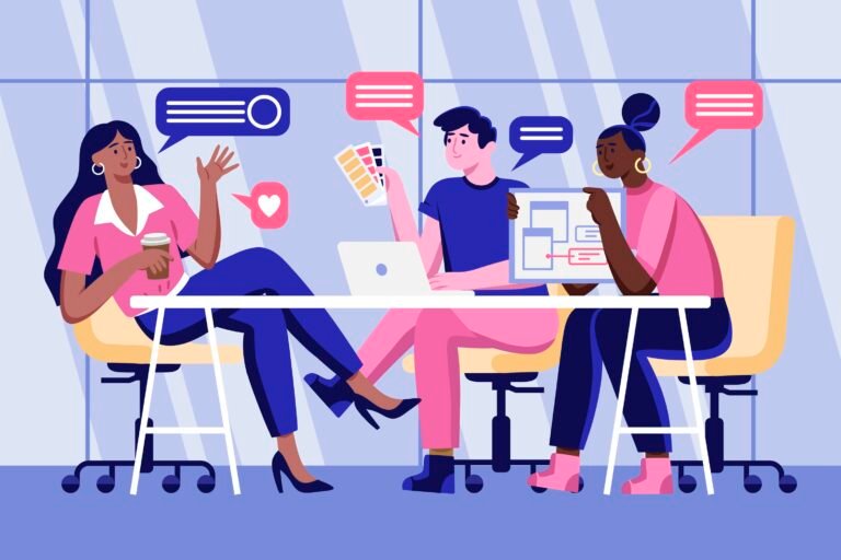 Ilustração flat hand-drawn de mulher líder de equipe em reunião