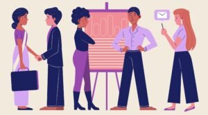 Ilustração flat de dia de trabalho e apresentação em equipe