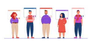 Ilustração flat de equipe de escritório em reunião virtual