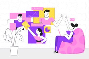 Ilustração flat hand-drawn de comunicação e colaboração criativa entre pessoas