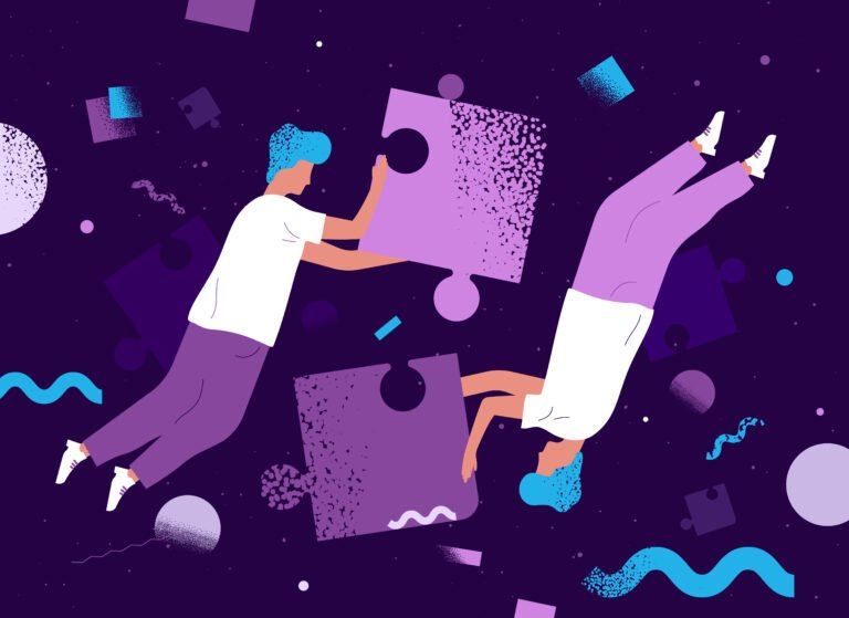 Ilustração de pessoas flutuando fazendo um quebra-cabeça / colaboração